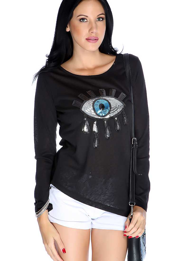 Black Long Sleeve Sequin Eye Burnout Knit Causal Top