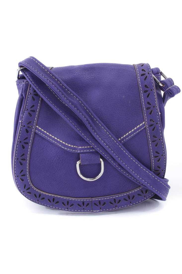 Purple Faux Leather Perforated Shoulder Handbag