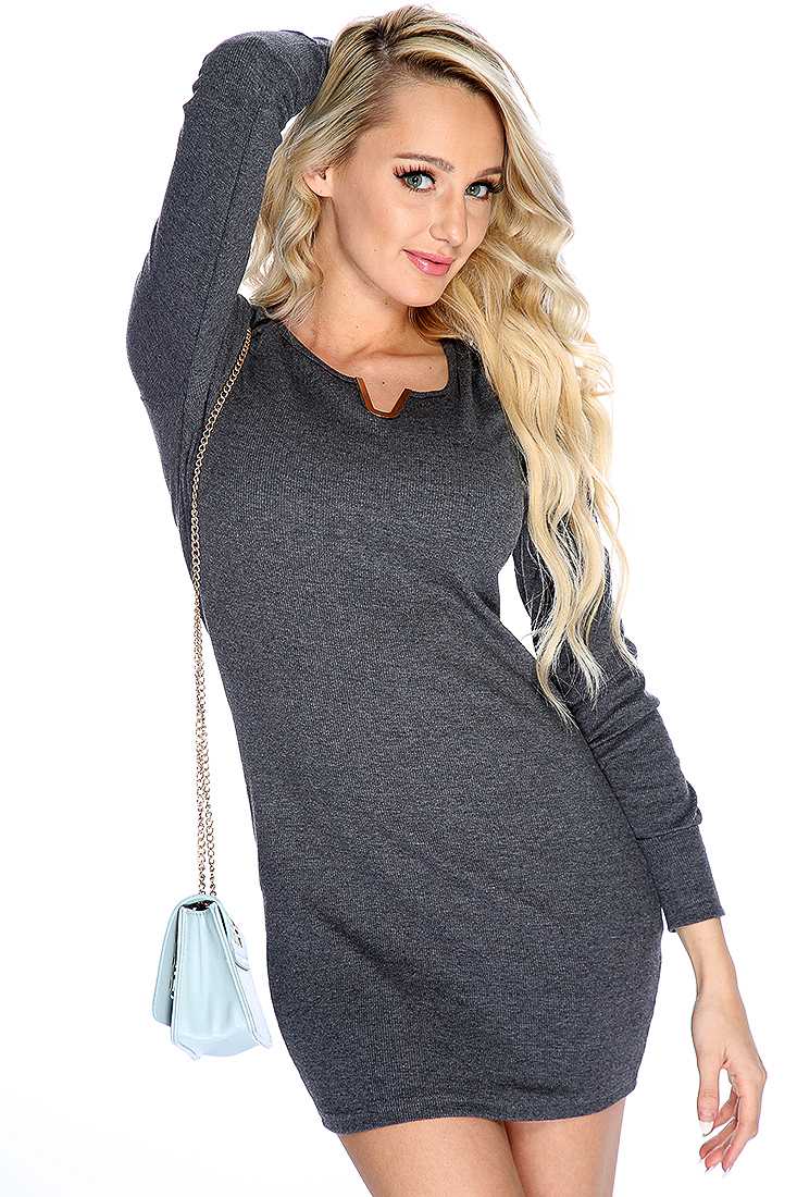 Sexy Charcoal High Polish V-shape Accent Sweater Dress