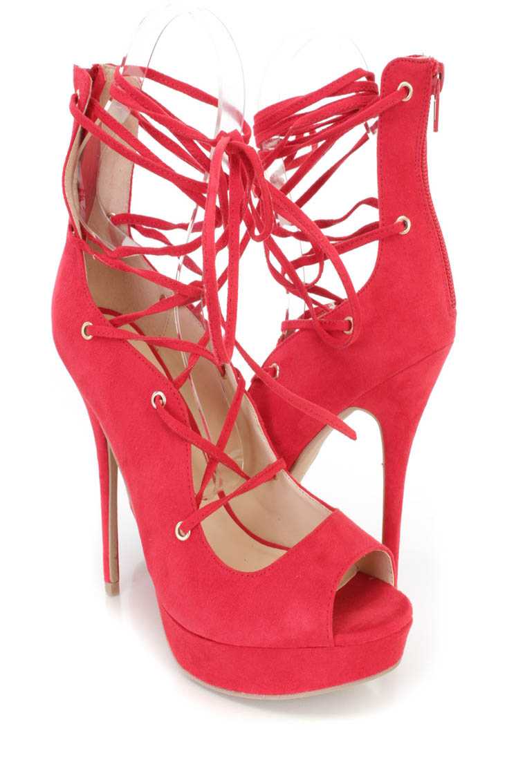 Red Lace Up Platform High Heels Faux Suede