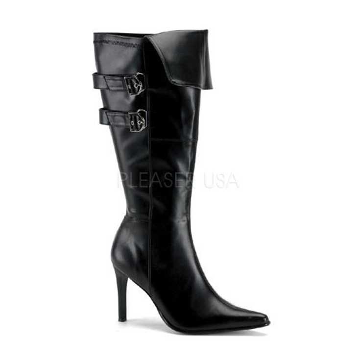 Black Faux Leather Pointy Toe Buckle Straps Knee High Boots AMI+