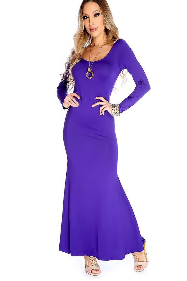 Sexy Purple Long Sleeve Low Back Bodycon Maxi Dress