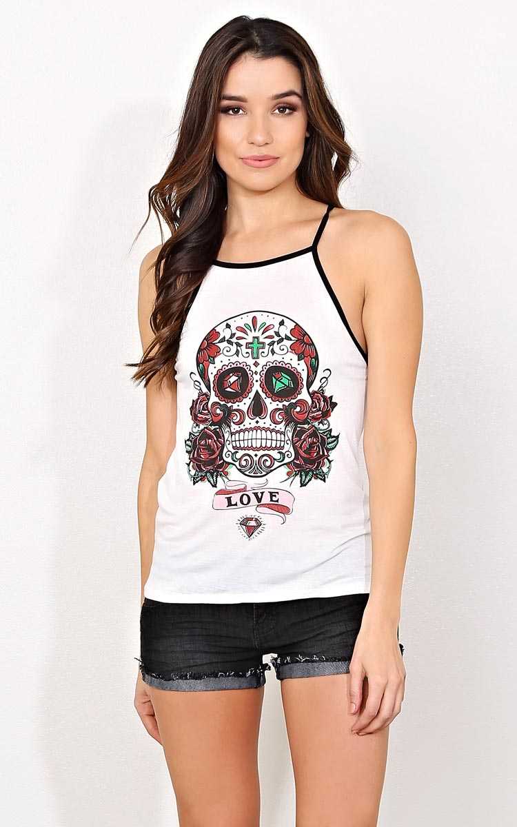 LOVE Sugar Skull Knit Tank - - White in Size by Styles For Less