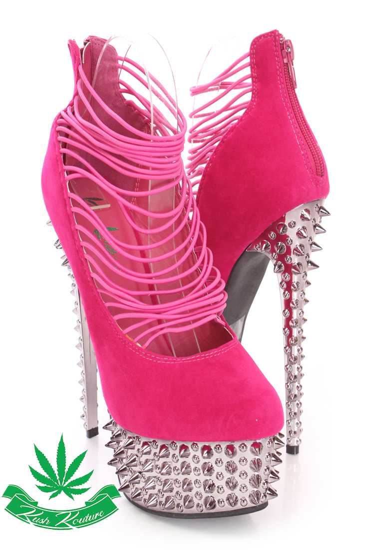 Hot Pink Strappy Platform High Heels Faux Suede