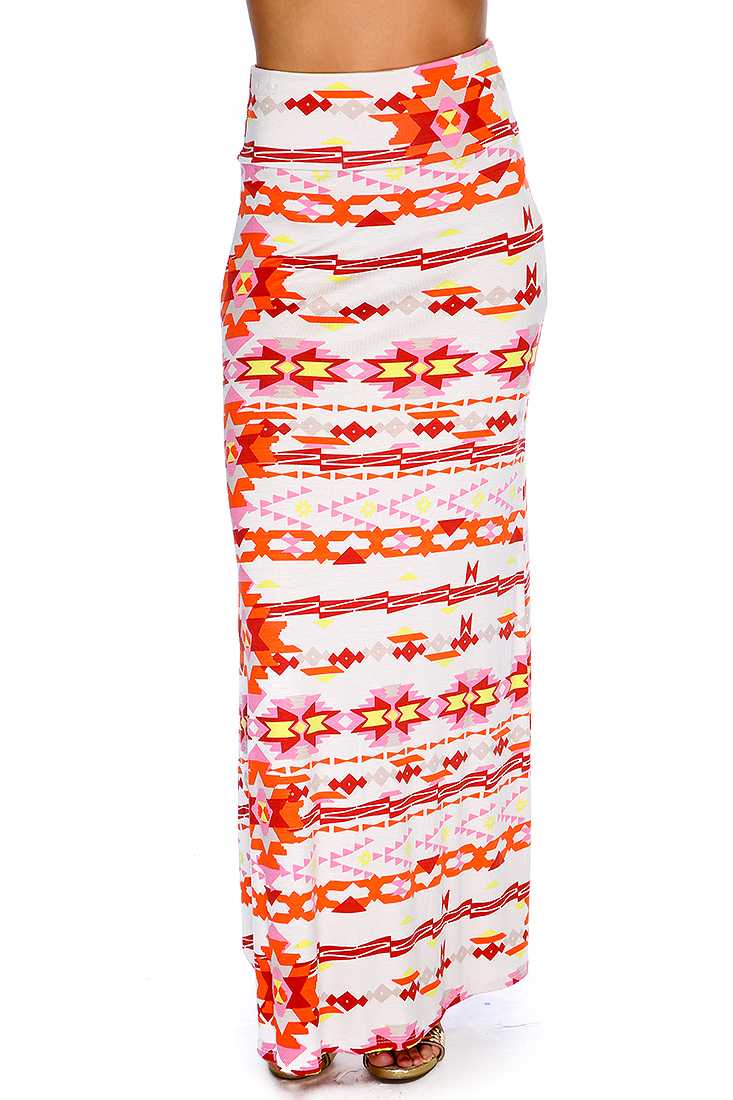 Wine White Tribal Print High Waist Maxi Skirt