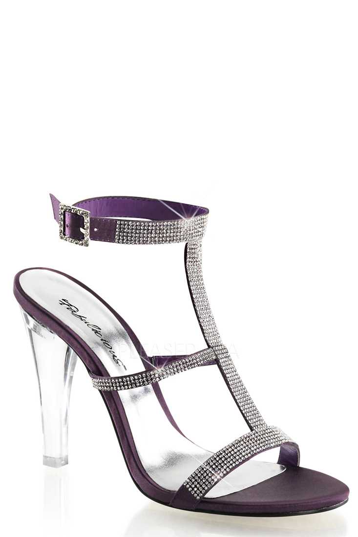 Eggplant Rhinestone T Strap Satin High Heels