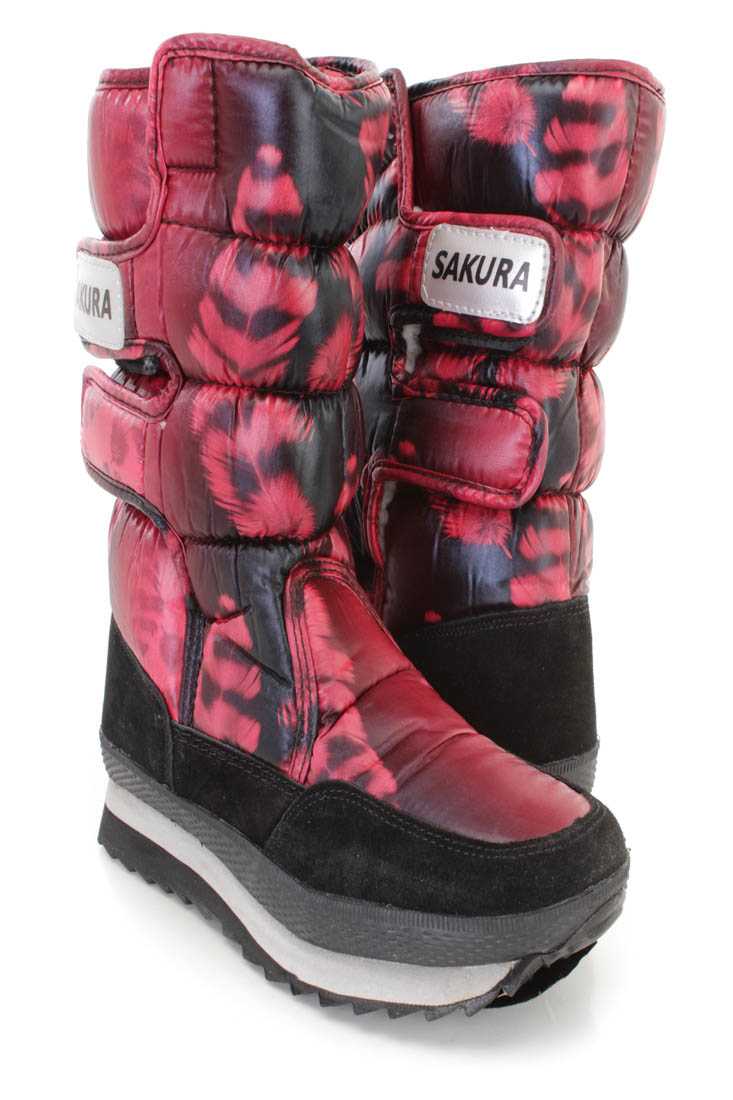Red Quilted Feather Print Traction Sole Snow Boots Nylon
