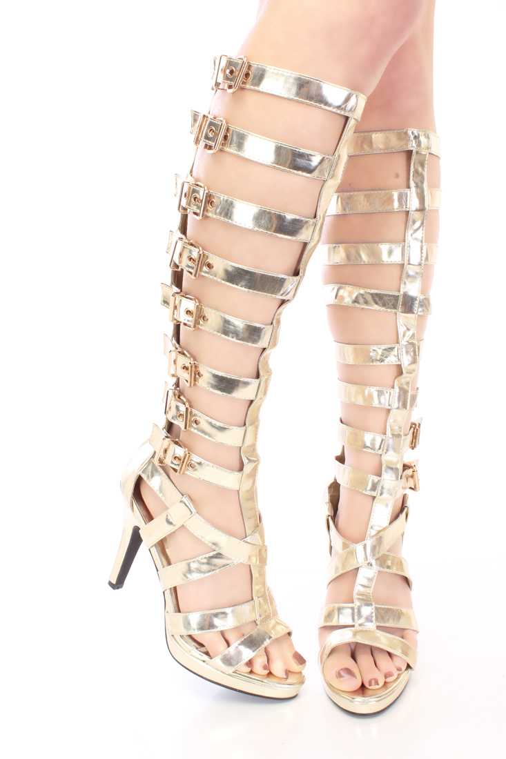Gold Buckled Gladiator High Heels Faux Leather