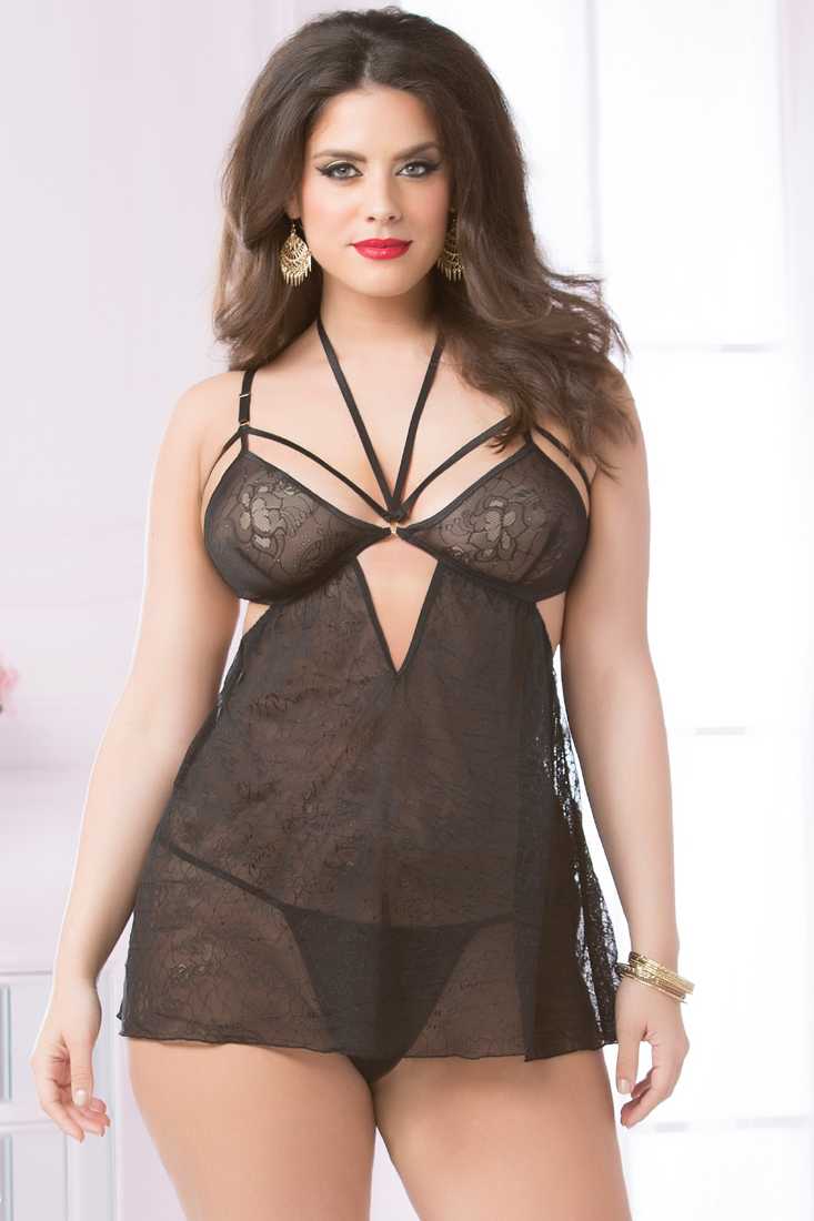 Black Floral Lace Babydoll Plus Size Set