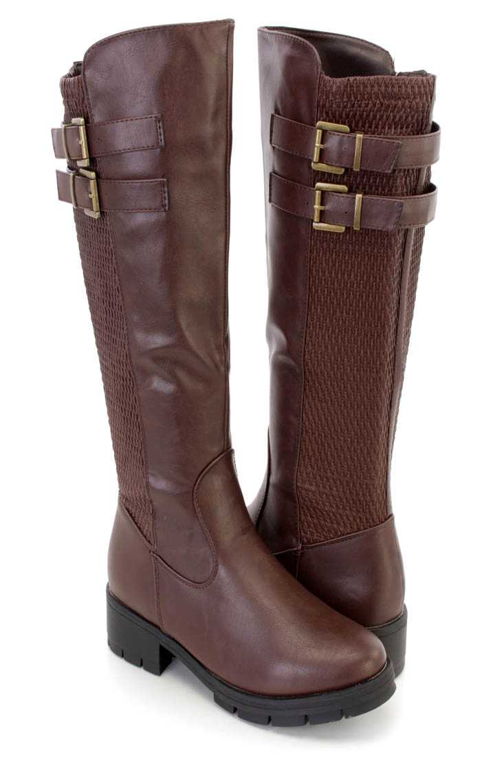 Brown Textured Fabric Strappy Riding Boots Faux Leather
