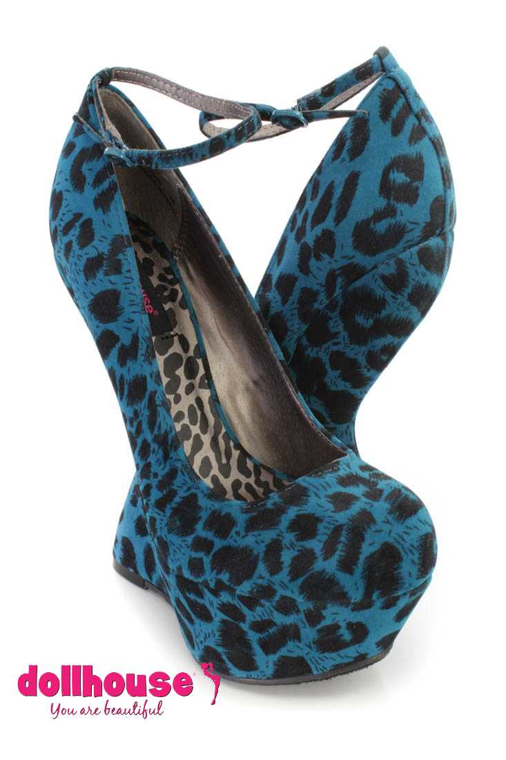 Blue Leopard Print Ankle Strap Curved Wedges Faux Suede