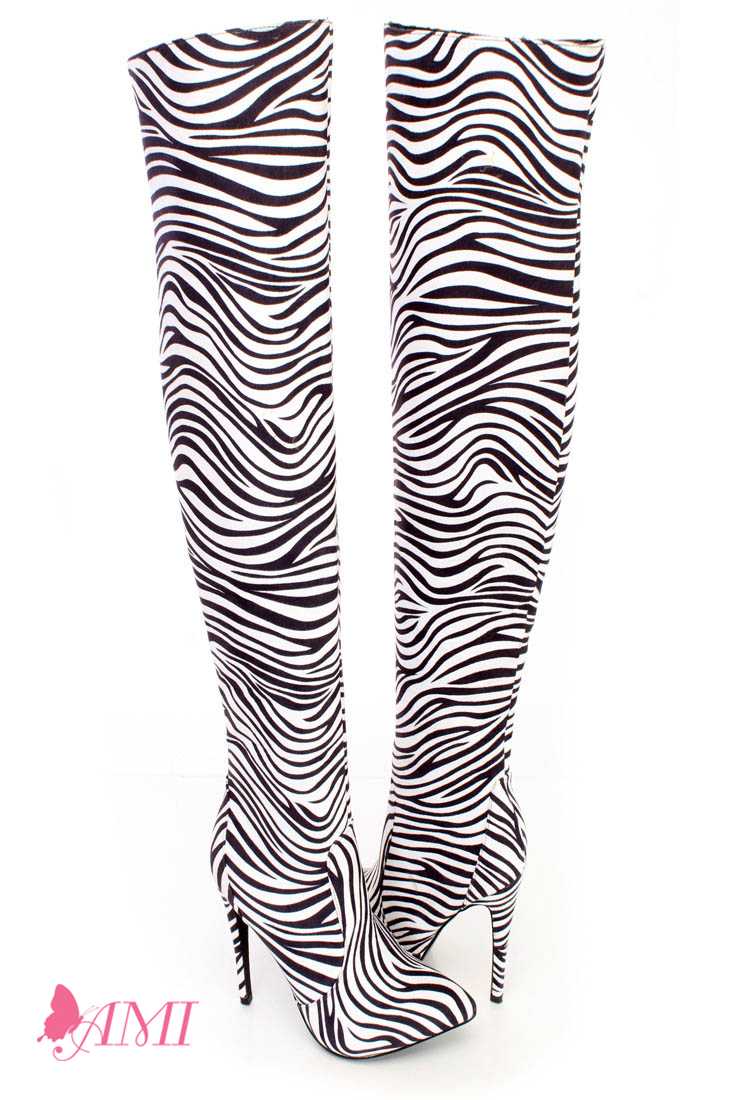 Zebra Single Sole Thigh High Heel Boots Faux Suede