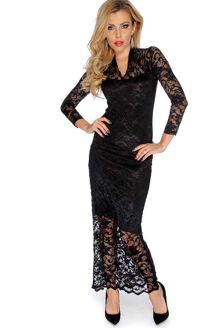 Sexy Black Floral Lace Overlay Long Sleeve Maxi Prom Dress