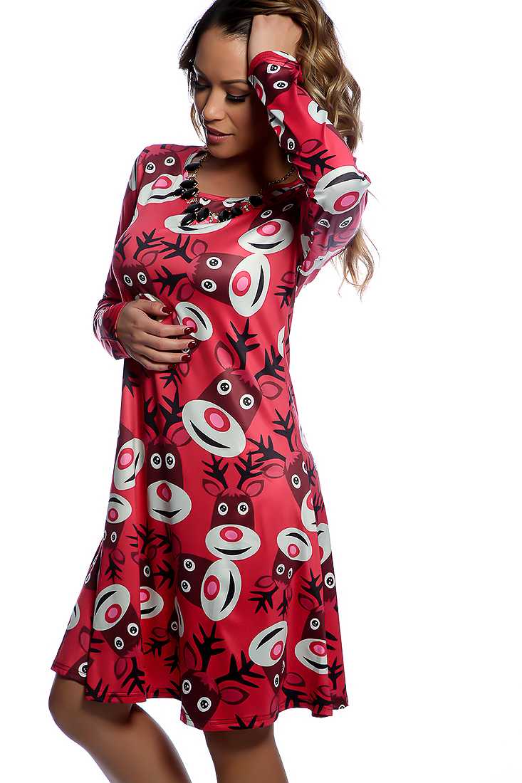 Coral Reindeer Print Long Sleeve Holiday Dress