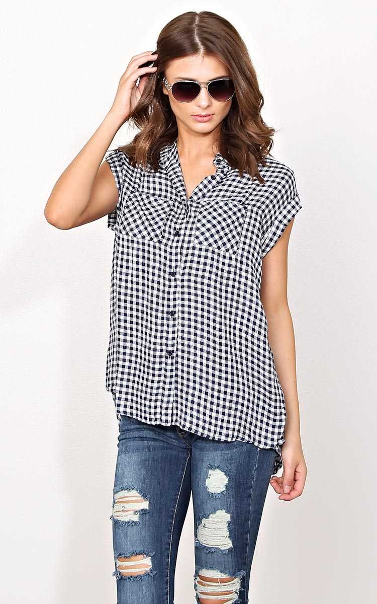 Anne Draped Woven Plaid Top - LGE - Navy Combo in Size Large by Styles For Less