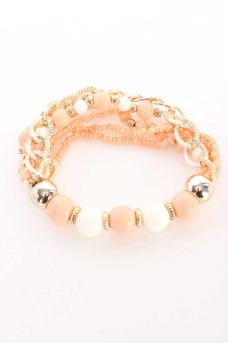 Coral White Beaded Design High Polish Chain Link Accent Layered Bracelet
