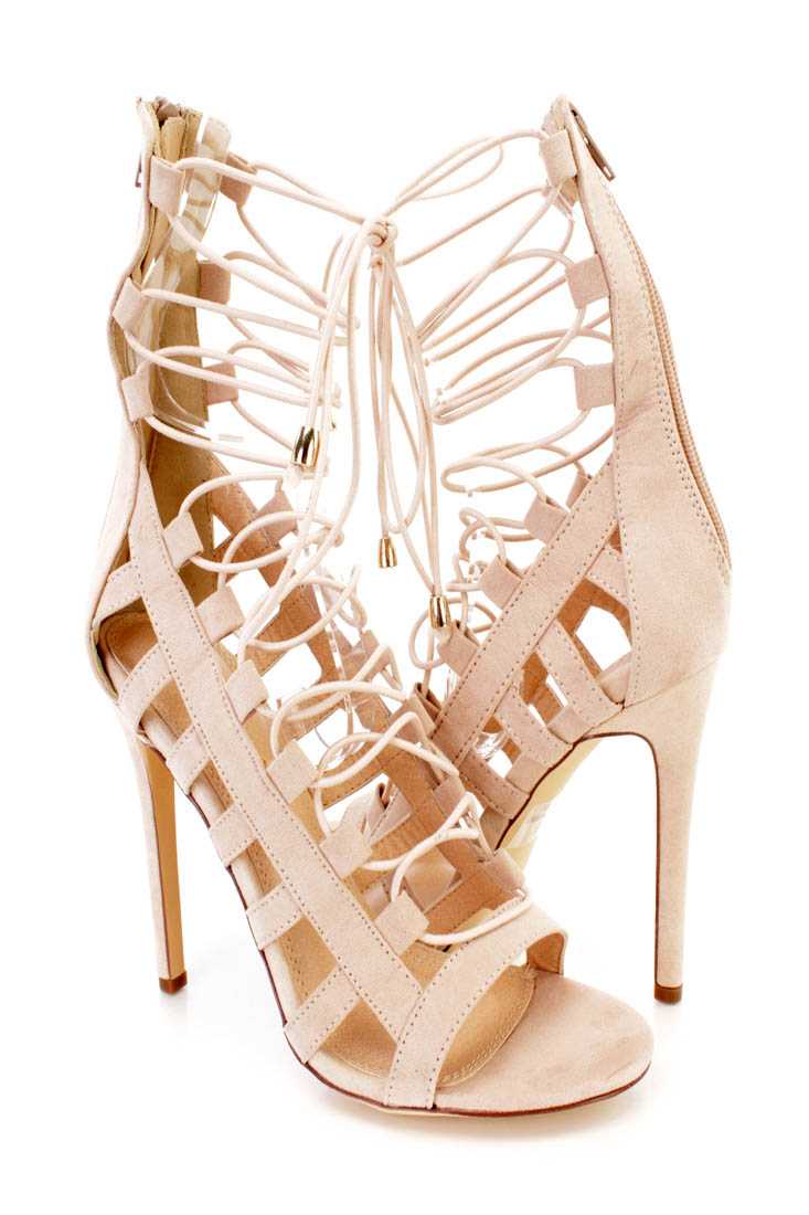 Nude Wrap Around Strappy Single Sole High Heels Faux Suede