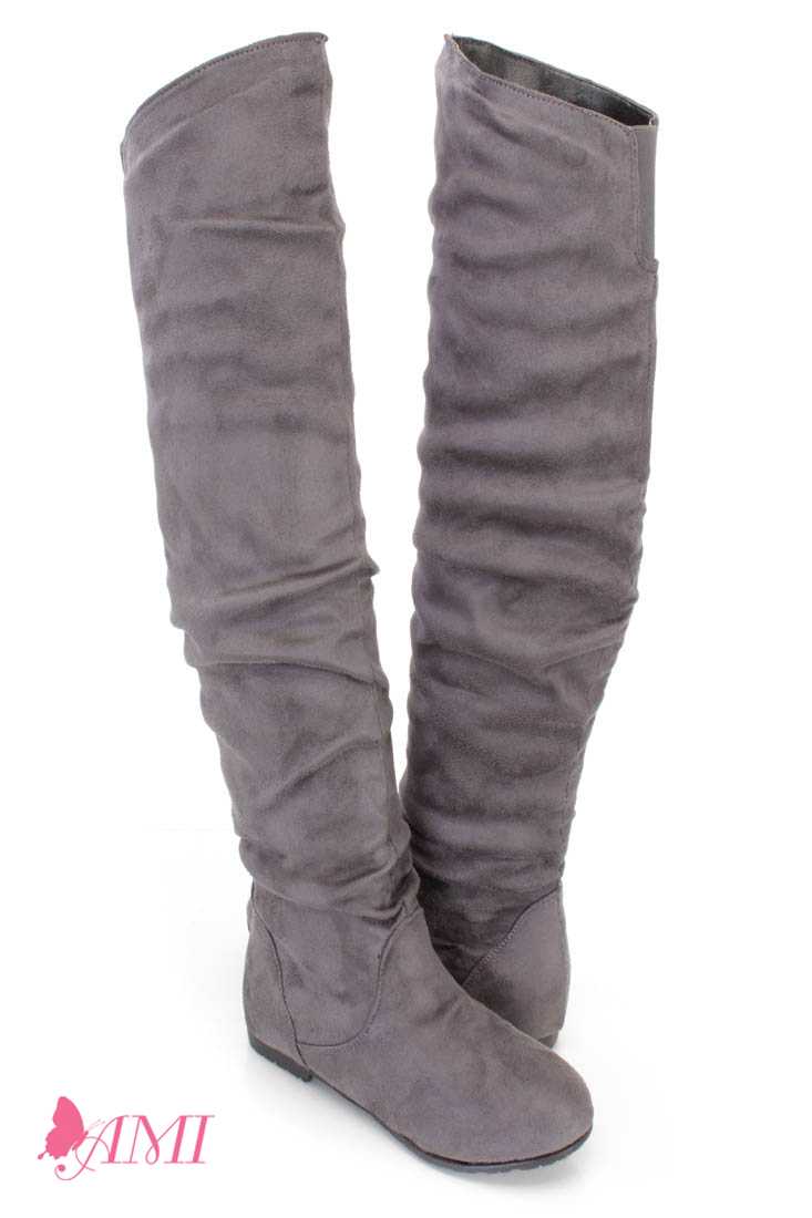 Grey Slouchy Shaft Thigh High Boots Faux Suede