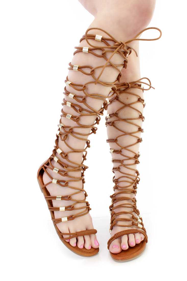 Cognac Beaded Strappy Gladiator Sandals Faux Leather