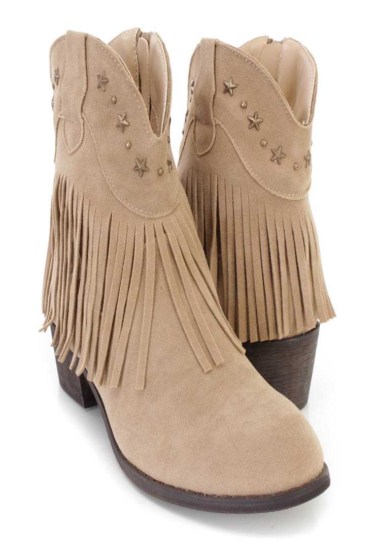 Beige Fringe Star Studded Ankle Booties Faux Suede