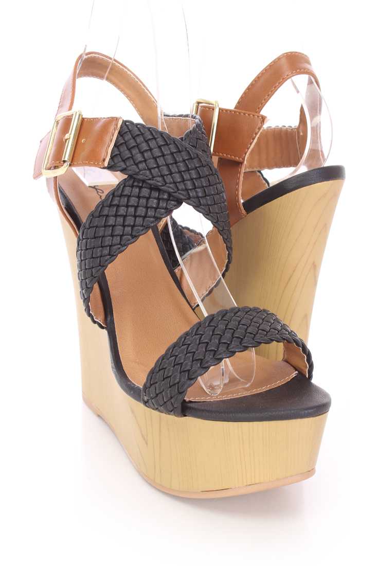 Black Braided Strappy Platform Wedges Faux Leather