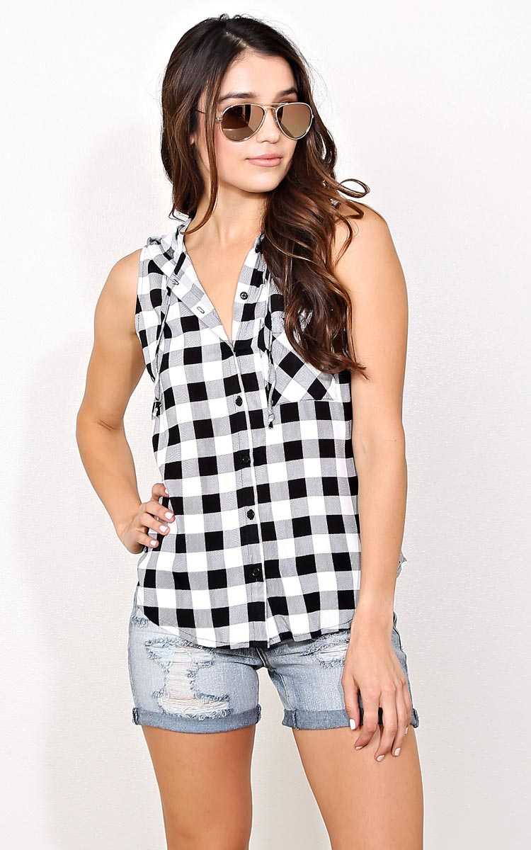 Lights Out Hooded Plaid Tank - Black/White in Size by Styles For Less