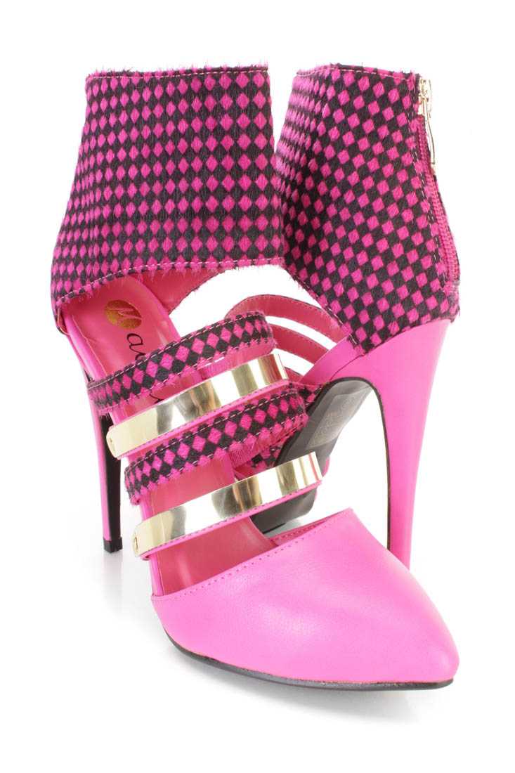 Fuchsia Checker Print Faux Fur Single Sole Heels Faux Leather