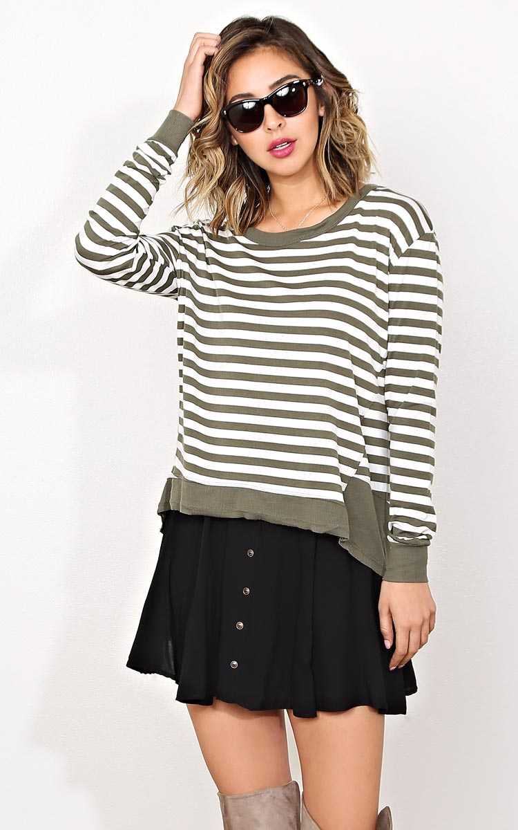 Afternoon Chill Striped Knit Top - LGE - Olive Combo in Size Large by Styles For Less