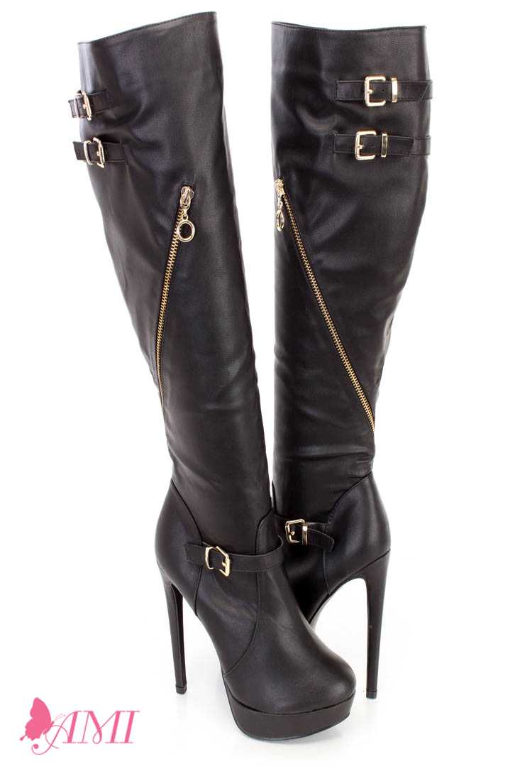 Black Knee High Strappy High Heel Boots Faux Leather
