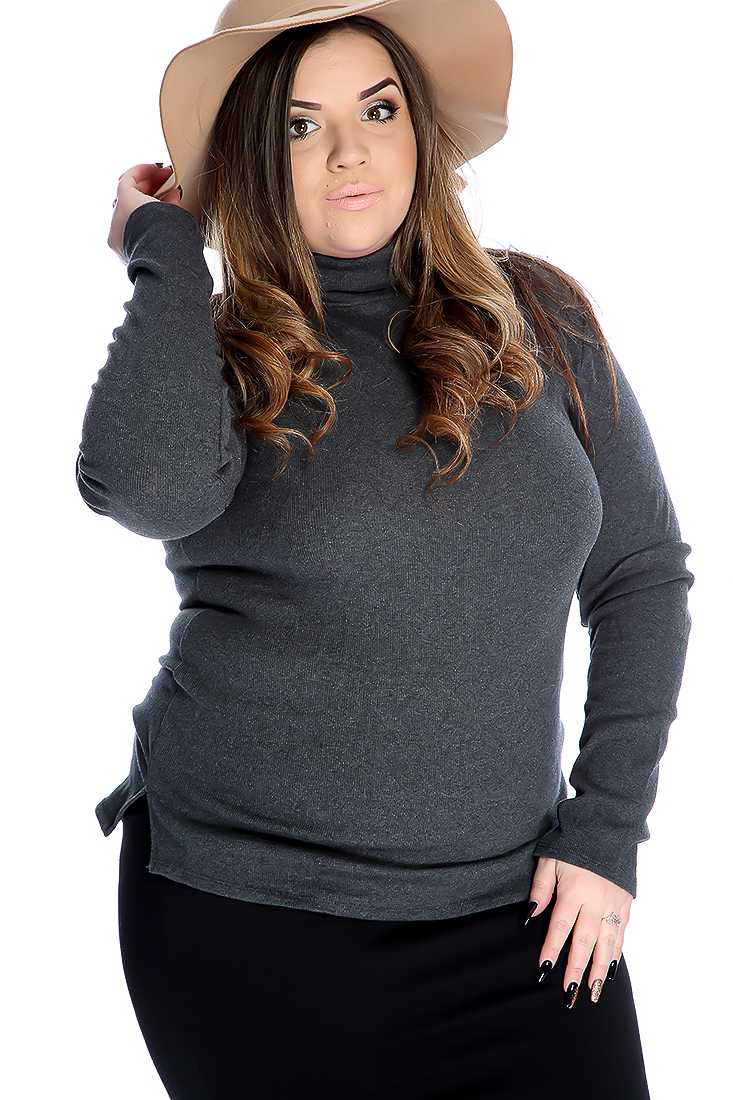 Charcoal Ribbed Turtle Neck Casual Plus Size Top