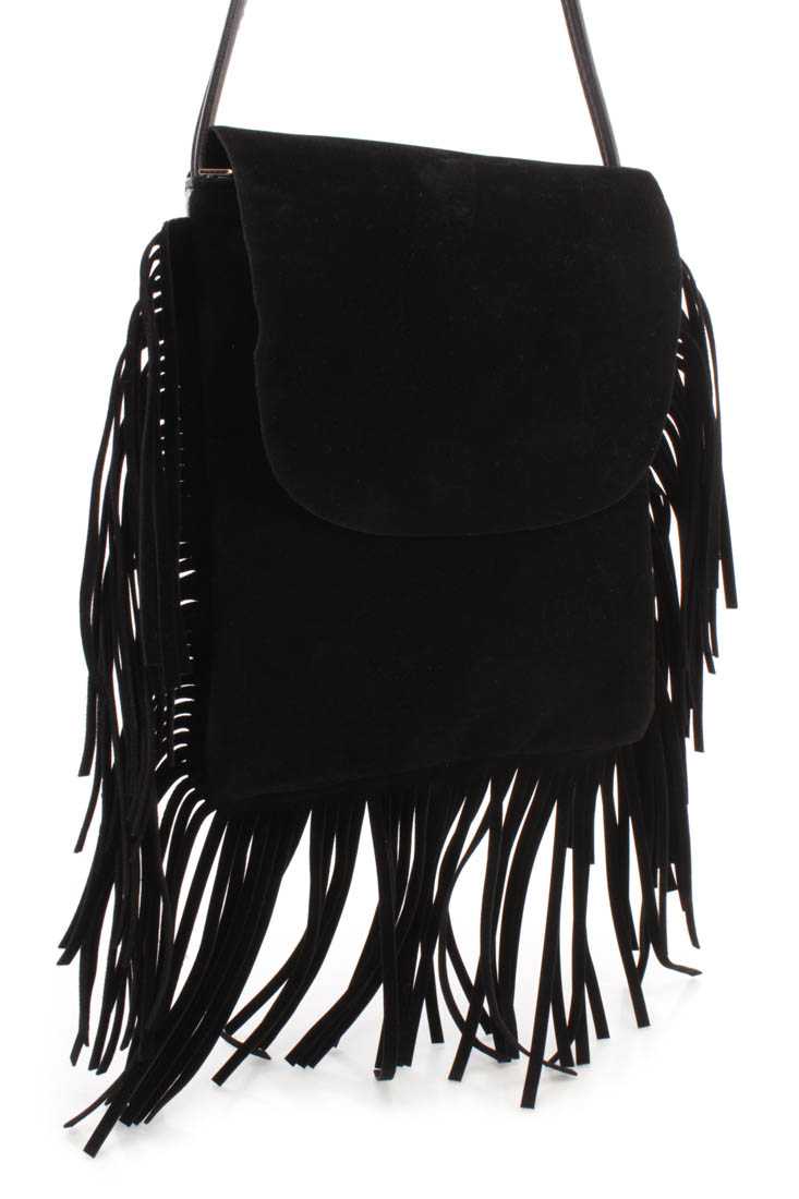 Black Faux Suede Fringe Trim Cross Body Handbag