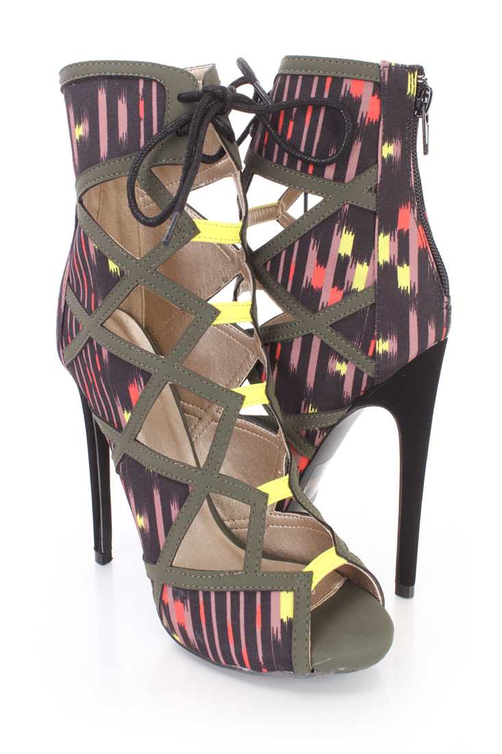 Black Peep Toe Lace Up Booties Multi Fabric