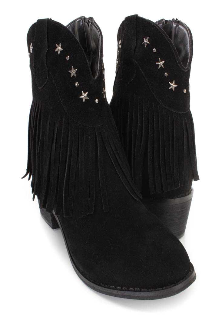 Black Fringe Star Studded Ankle Booties Faux Suede
