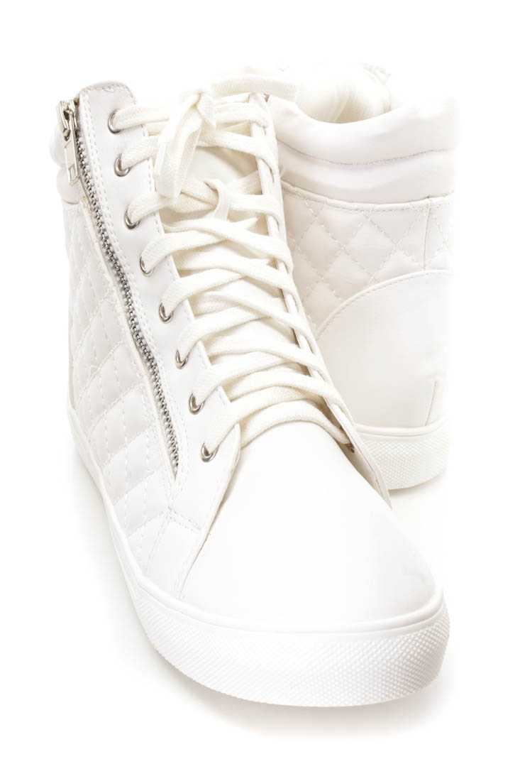 White Quilted Zipper Accent Lace Up Sneakers