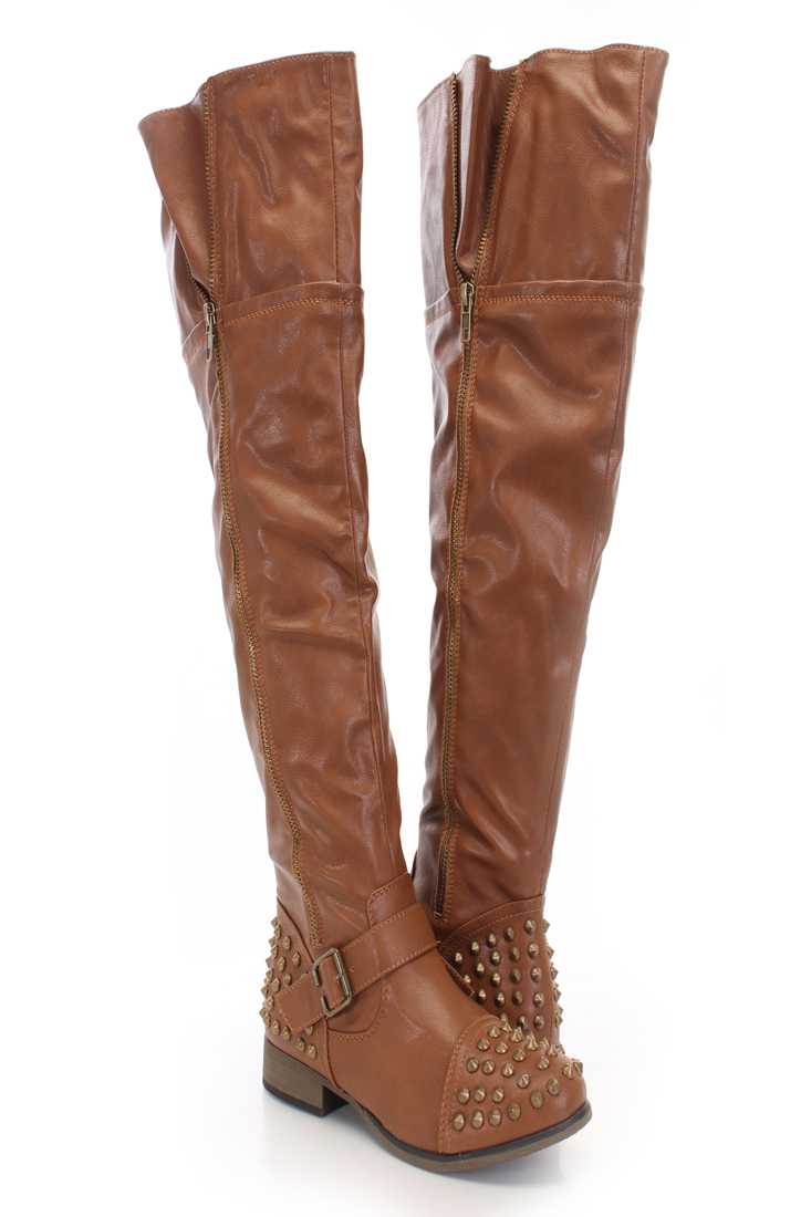 Tan Faux Leather Studded Thigh High Boots