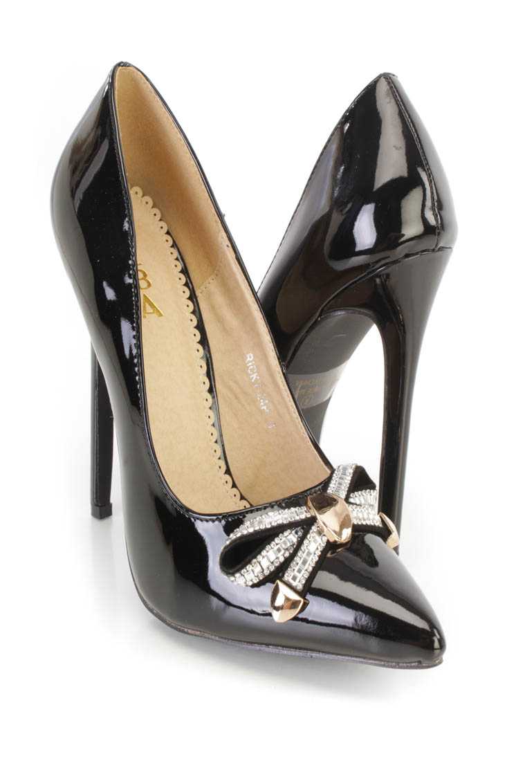 Black Rhinestone Bow Tie Single Sole Pump Heels Patent