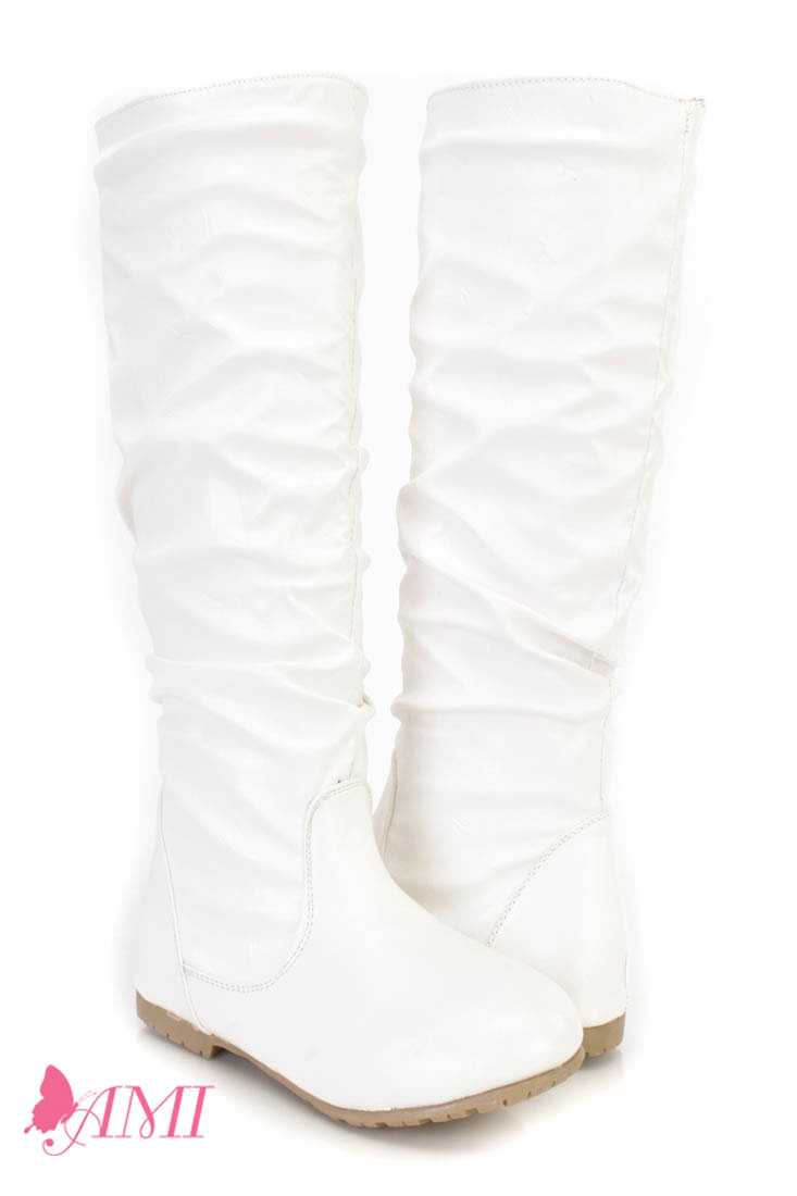 White Slouchy Mid Calf Casual Boots Faux Leather