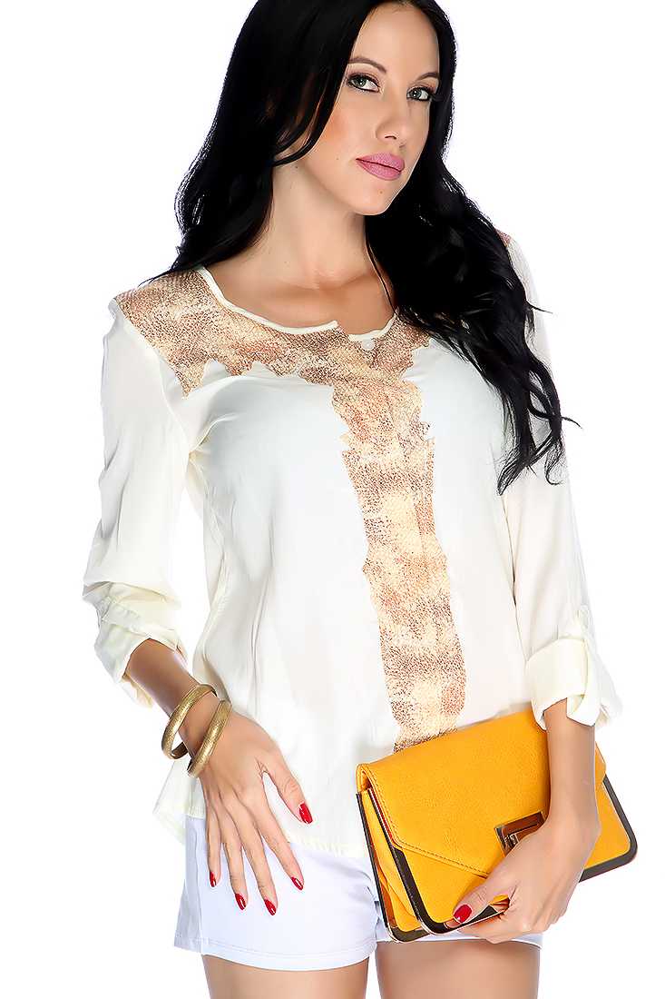 Gold Cream Sequins Button Up Quarter Sleeve Dressy Top