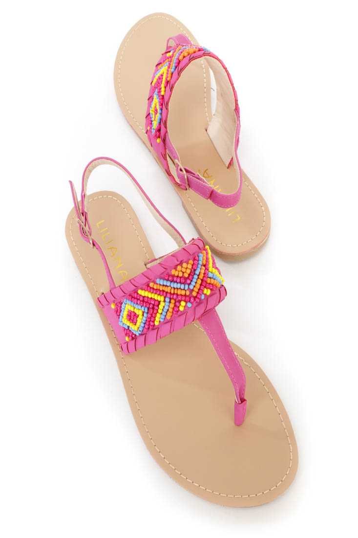 Fuchsia Tribal Beaded Slingback Sandals Faux Leather