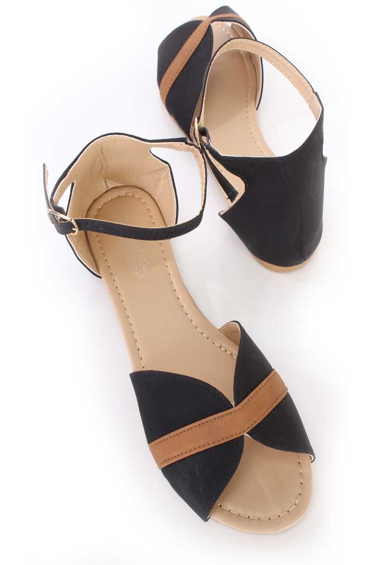 Black Ankle Strap Peep Toe Sandal Flats Faux Leather