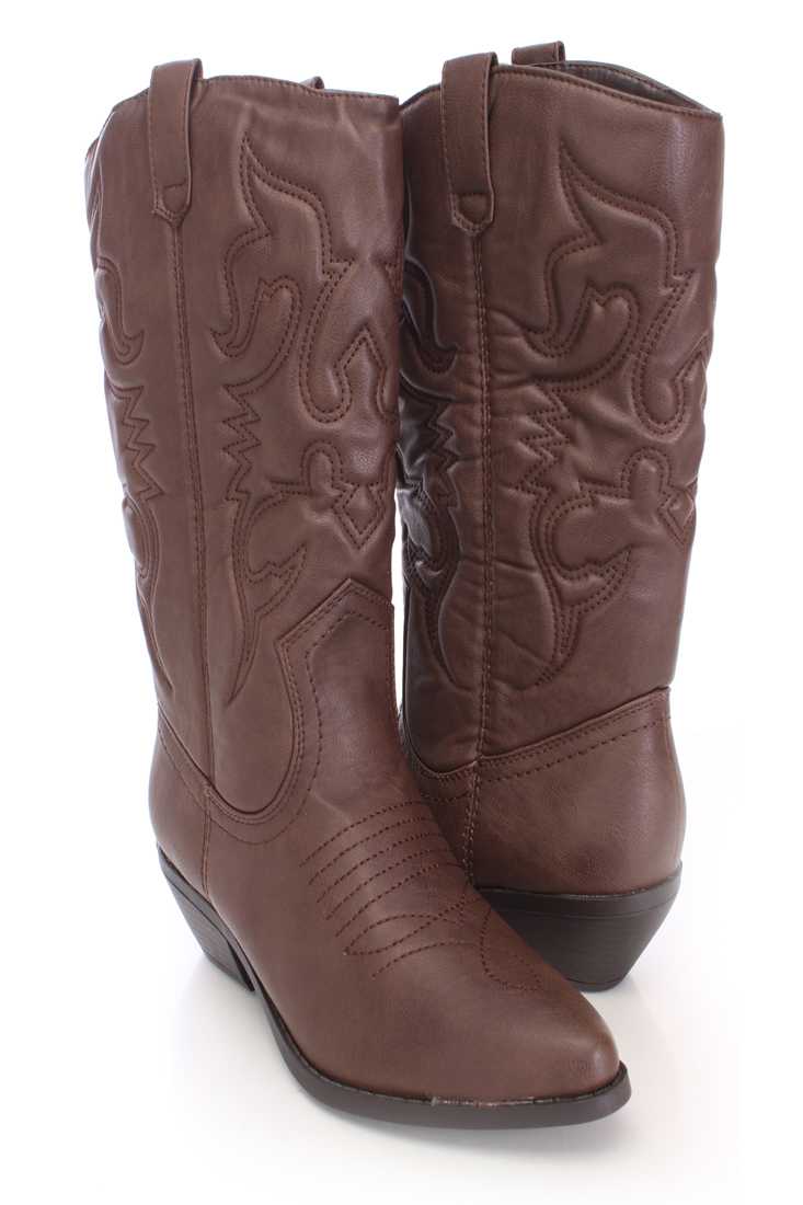 Dark Tan Stitched Design Cowboy Boots Faux Leather
