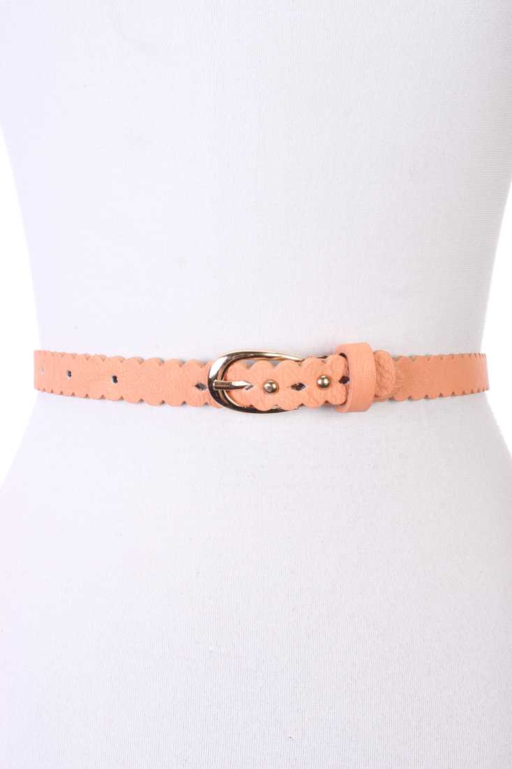 Peach Faux Leather Floral Cutout Studded Buckle Closure Textured Belt