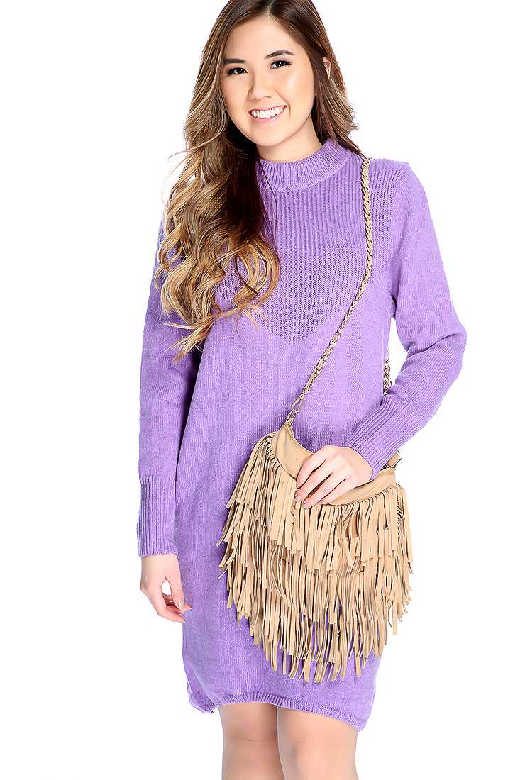 Lavender Long Sleeve Mock Neck Casual Sweater Dress
