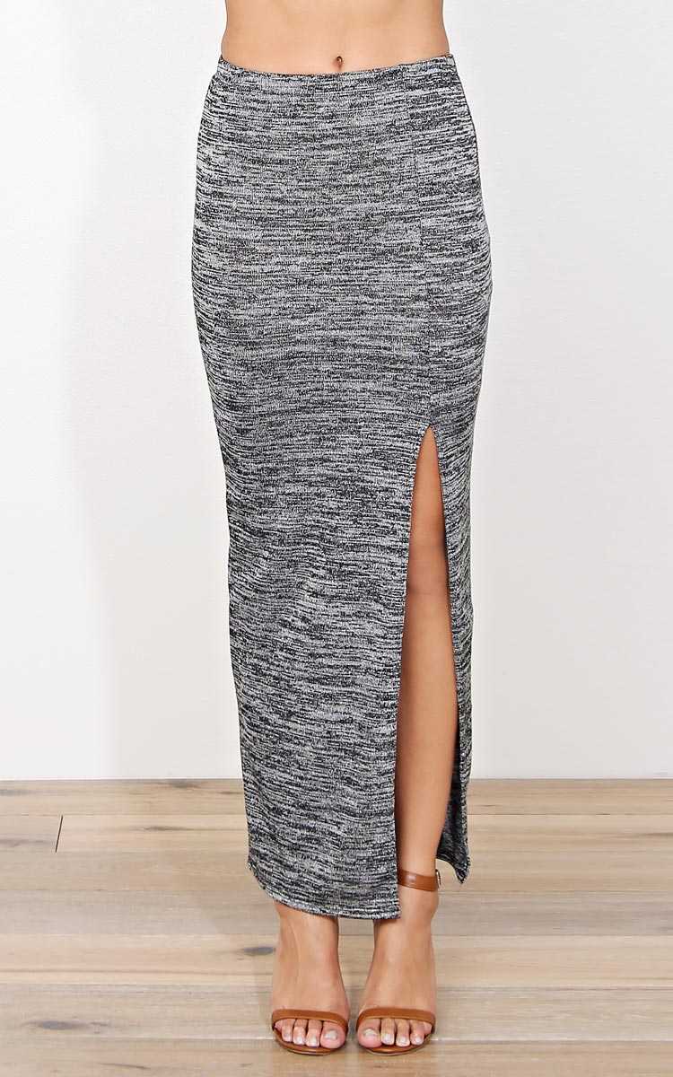 Slit Rib Knit Maxi Skirt - - Charcoal in Size by Styles For Less