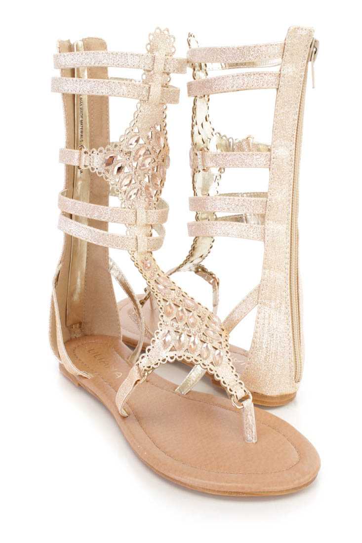 Gold Rhinestone Strappy Gladiator Sandals Glitter