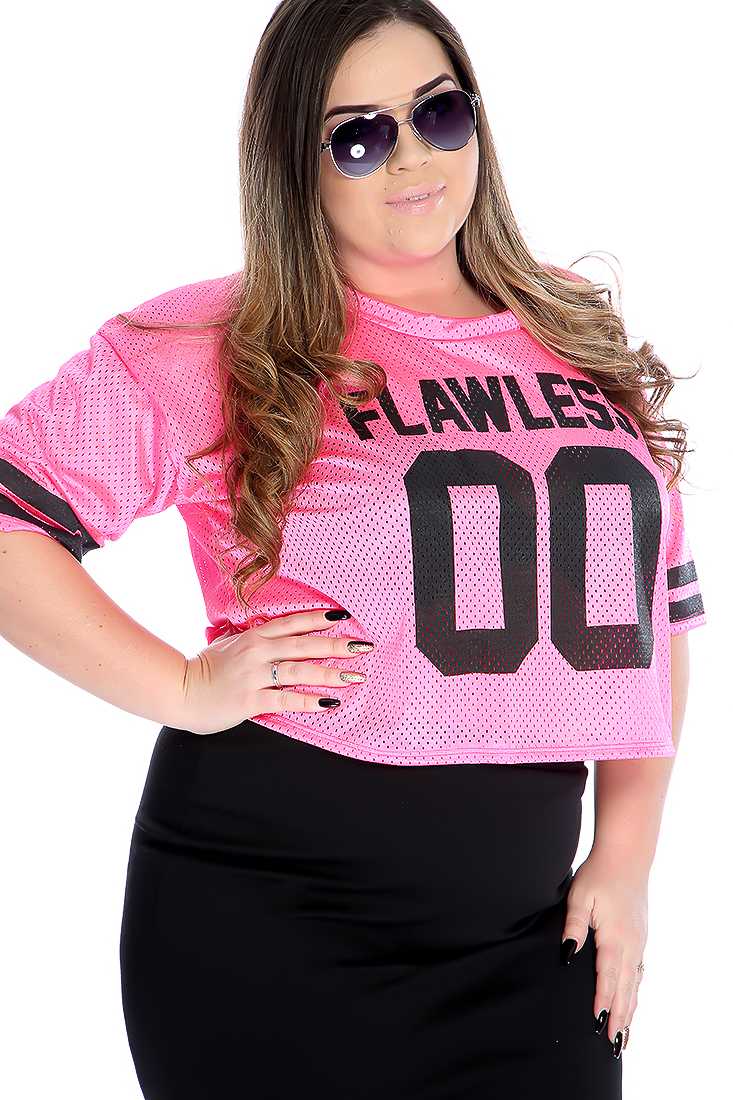 Neon Pink Graphic Design Perforated Casual Plus Size Top