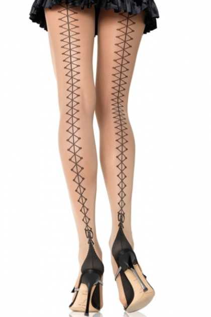 Nude Black Lace Up Pantyhose