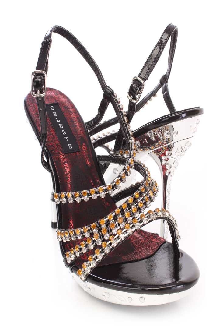 Black Rhinestone Strappy Heels Faux Leather