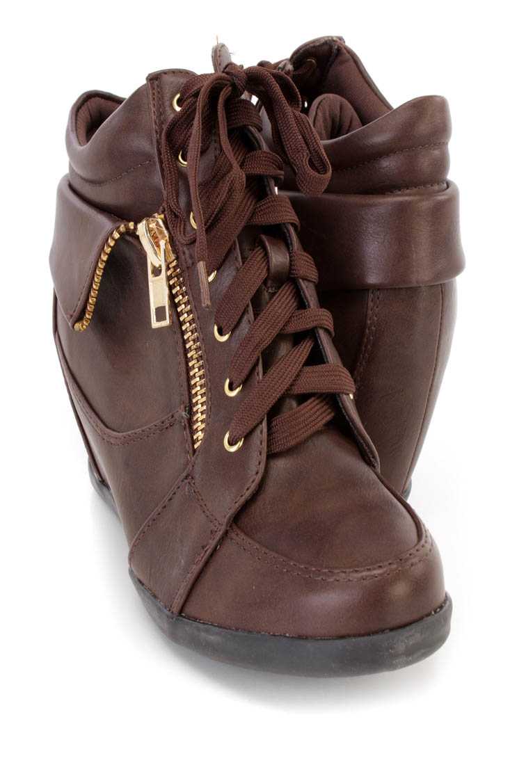 Brown Lace Up Zipper Detail Sneaker Wedges Faux Leather