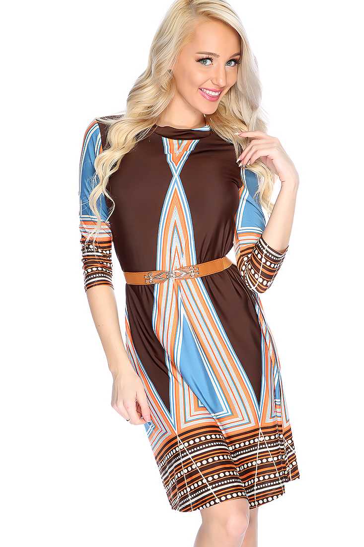 Sexy Brown Orange Mock Neck Casual Dress